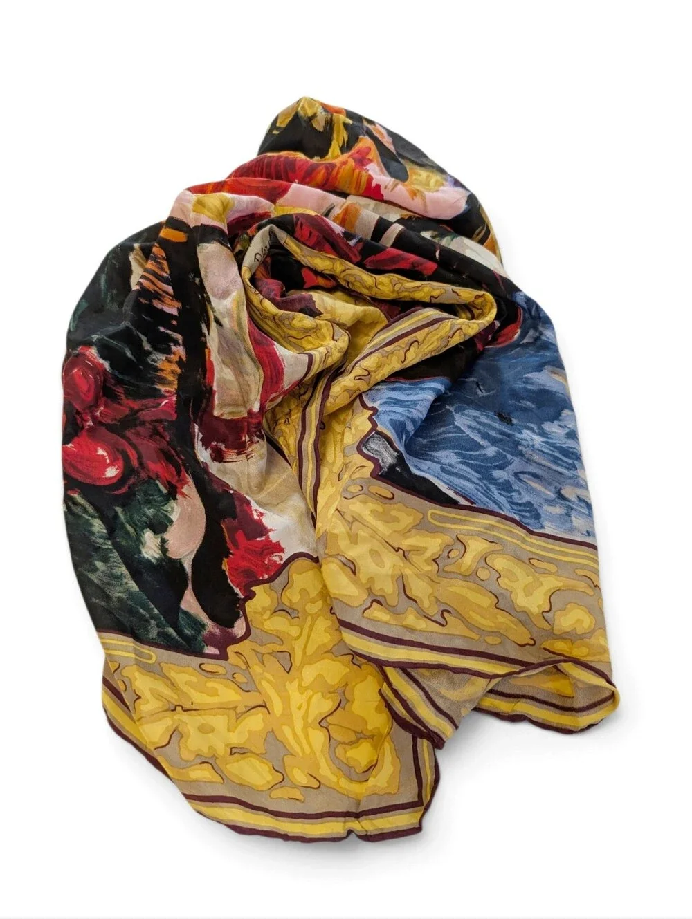 VINTAGE Paul Cézanne Art Scarf Silk Chrysanthemums Floral Print Black Yellow Red